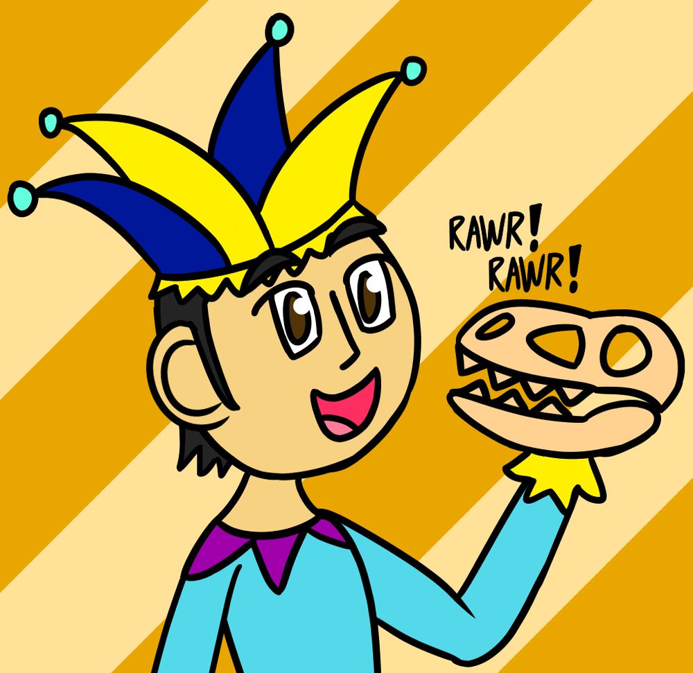 Errand Boy Vergel's Profile Pic for the season of Art Fight. It features the Errand Boy holding a dinosaur skull fossil as if it was a hand puppet.

"Alas, poor Dino"