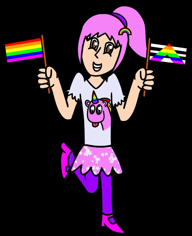 Jinx's June attire, in celebration of Pride Month.

She wears a lavender t-shirt with frilly sleeves and a unicorn graphic. Said unicorn is pink with rainbow horn and mane. She also wears a pink tutu with starry decorations, purple leggings, and pink ballet shoes. She holds the Rainbow Flag on the left, and the Ally Flag on the right. She had a rainbow hairpin.