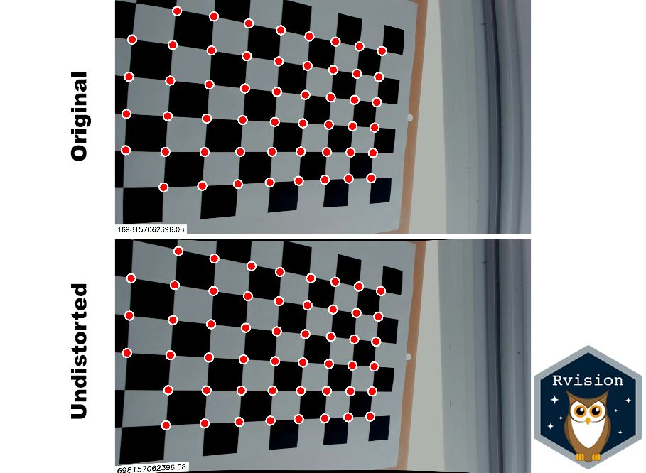Top: an image showing moderate barrel distortion. Bottom: the same image after lens calibration (the distortion is corrected).
