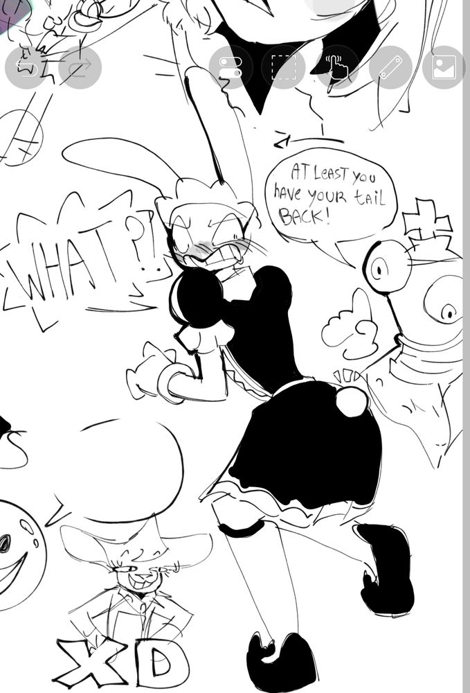 King telling Jax "At least you have your tail back!",While Jax with a surprised expression and a rear pose dressed as a maid screams "WHAT"