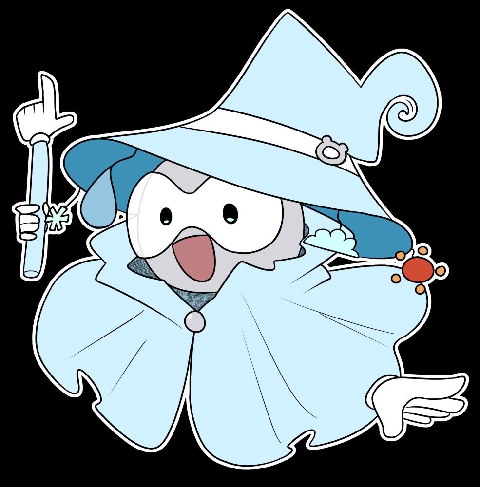 A fan-designed evolution of Castform named Wizcast, garbed in a little wizard cloak and hat, and holding a pointer-finger baton as a magic wand. Art by cinni-k on tumblr