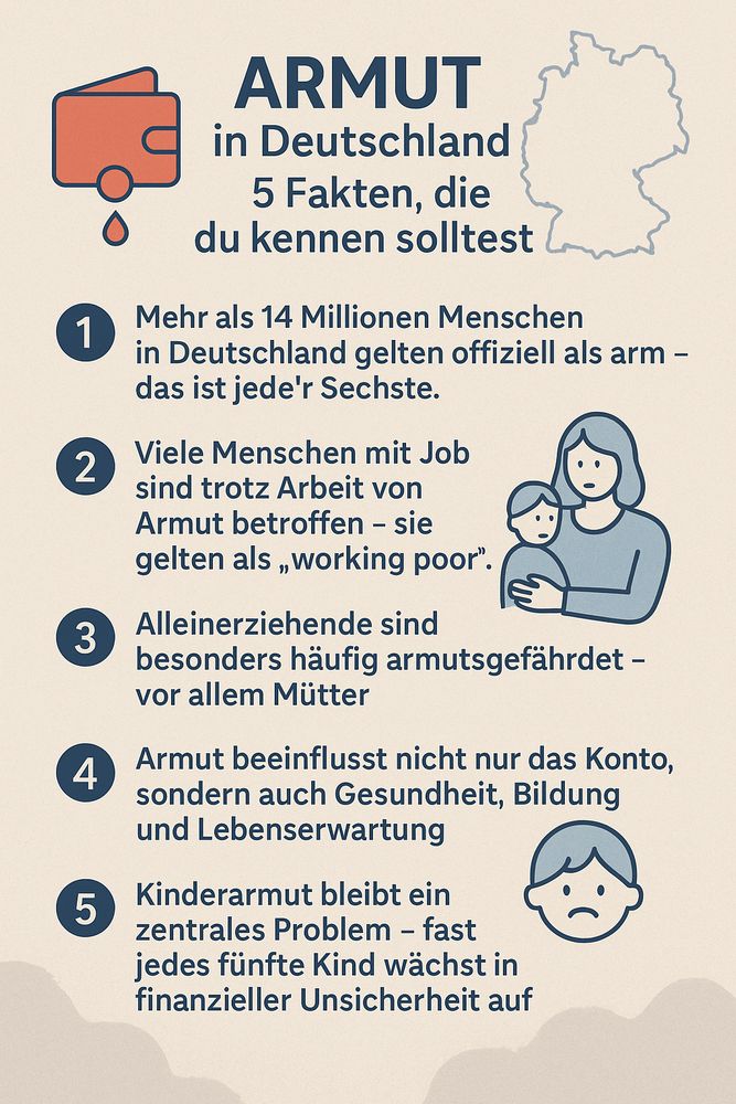 Armut in Deutschland – 5 Fakten, die du kennen solltest

    Mehr als 14 Millionen Menschen in Deutschland gelten offiziell als arm – das ist jede*r Sechste.

    Viele Menschen mit Job sind trotz Arbeit von Armut betroffen – sie gelten als „working poor“.

    Alleinerziehende sind besonders häufig armutsgefährdet – vor allem Mütter.

    Armut beeinflusst nicht nur das Konto, sondern auch Gesundheit, Bildung und Lebenserwartung.

    Kinderarmut bleibt ein zentrales Problem – fast jedes fünfte Kind wächst in finanzieller Unsicherheit auf.