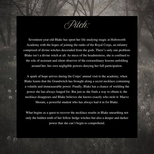 Seventeen-year-old Blake has spent her life studying magic at Holtsworth Academy with the hopes of joining the ranks of the Royal Corps, an infantry comprised of divine witches descended from the gods. There’s only one problem: Blake isn’t a divine witch at all. As niece of the headmistress, she is confined to the role of assistant and silent observer of the extraordinary lessons unfolding around her, her own negligible powers denying her full participation.

A spark of hope arrives during the Corps’ annual visit to the academy, when Blake learns that the Grandwitch has brought along a secret necklace containing a volatile and immeasurable power. Finally, Blake has a chance of wielding the power she has always longed for. But just as she finds a way to obtain it, the necklace disappears and Blake believes she knows exactly who stole it: Maeve Moram, a powerful student who has always had it in for Blake.

What begins as a quest to recover the necklace results in Blake unearthing not only the hidden truth of her fellow hedge witches but also a deeper and darker power that she can’t begin to comprehend.