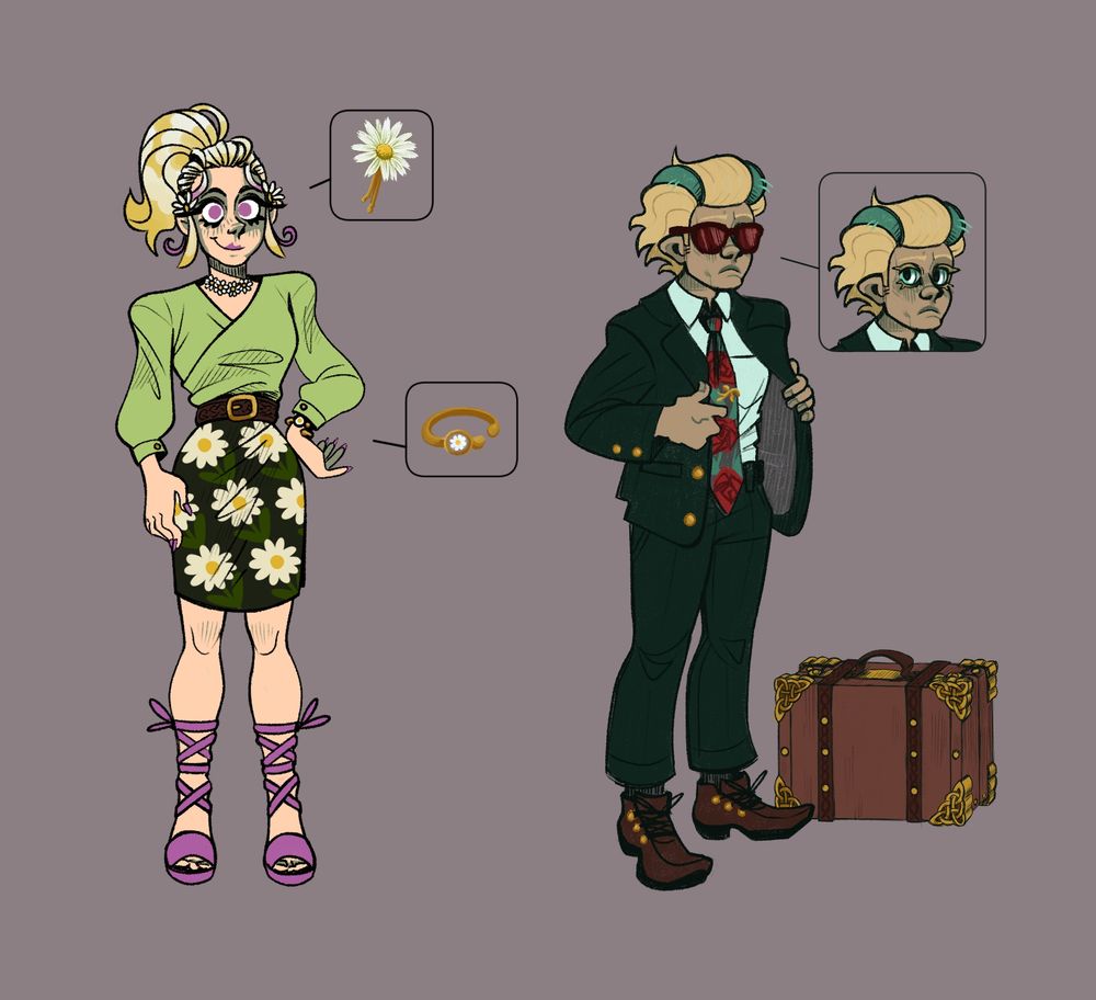 A digital illustration of the artists two original characters, Caryl and Diego. Caryl is a femme presenting fairy with vibrant pink eyes. Shes wearing a business casual attire accented with daisies.
Diego is a masc presenting fairy who hides his unnaturally green eyes with red tinted sunglasses. He wears a dark green business suit, accented with a rose patterned tie. Beside his feet is a mysterious looking suitcase, accented with celtic knots.