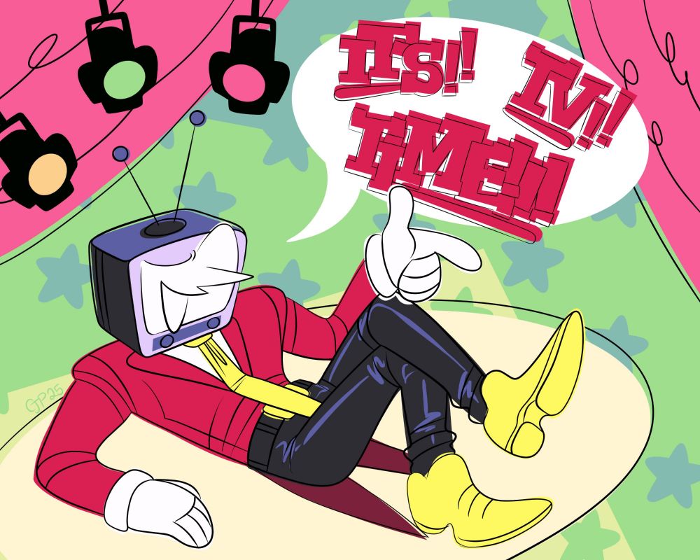 A digital illustration in UPA style of Tenna from DELTARUNE Chapter 3. He is laying down with his leg crossed, smiling and pointing. The background is reminiscent of the tv stage in game. The speech bubbles reads "ITS!! TV!! TIME!!!"