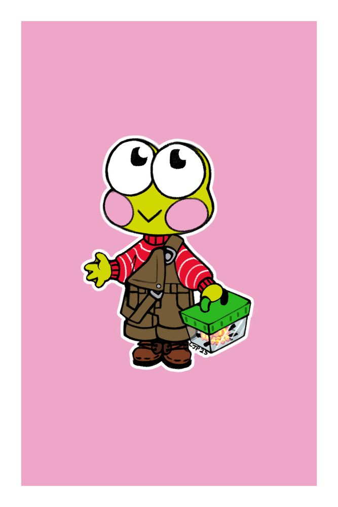 A digital illustration featuring Keroppi from the Sanrio universe. He is in the center of a light pink background, wearing a red & white striped sweater, brown overalls and boots. He waves to the viewer while holding a green bug cage. Inside the cage is a "Pumpkin Spiceler" from the game "Hello Kitty Island Adventure".