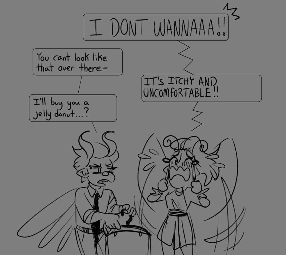 Comic panel of Diego arguing with Caryl, he is trying to convince her to change her outfit before they travel to the mortal realm. She is having a tantrum. He offers to buy her a jelly donut.