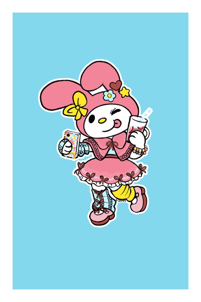 A digital illustration featuring My Melody from the Sanrio universe. She is in the center of a light blue background, posing for a selfie with her "Pink Latte" from "Hello Kitty Island Adventure". She is wearing a "fairy kei" inspired outfit. This includes a knitted shawl and bell shaped skirt in her signature pink. Light blue top and knitted arm warmer on her right (our left) side. Mismatched leg warmers, with a knitted light blue on her right and a plain yellow on her left. She has light pink & red mary janes.
For accessories, she has little red bows on her skirt and light blue leg warmer. She has two friendship bracelets on her left arm. Lastly, her head is adorned with her signature yellow bow on her right ear, and a heart, flower, and star clip on her left.