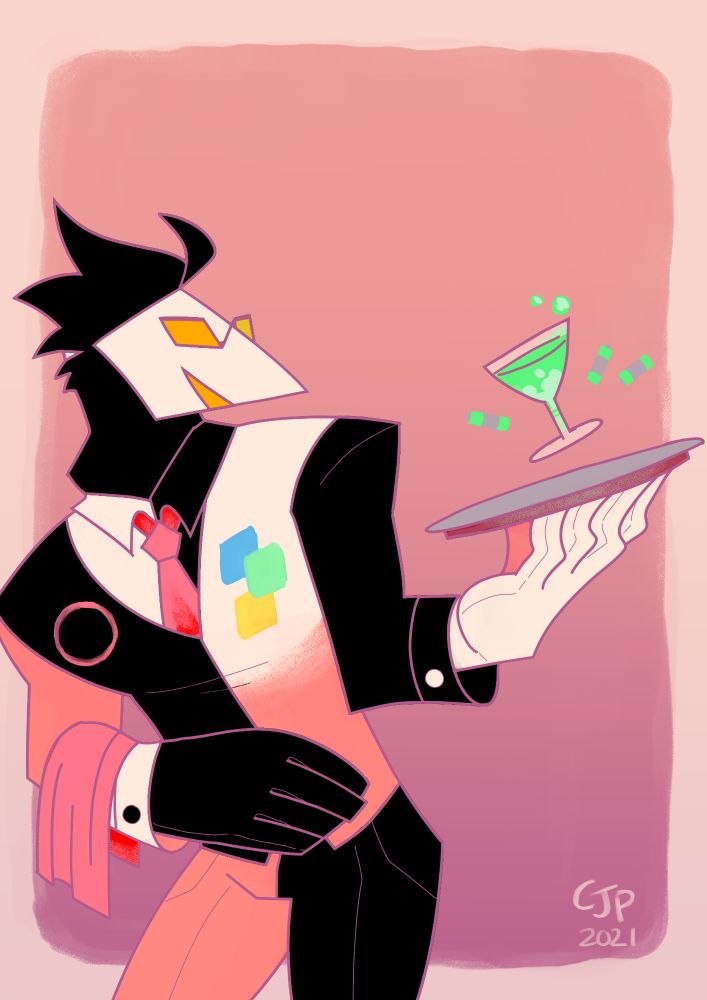 A digital illustration of the character Swatch from DELTARUNE, chapter 2. He is holding a platter with a cocktail glass of "battery acid" on it.