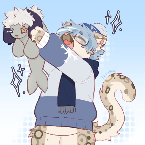 My snow leopard sona Sugar holding up his favorite seal plushie and being very happy