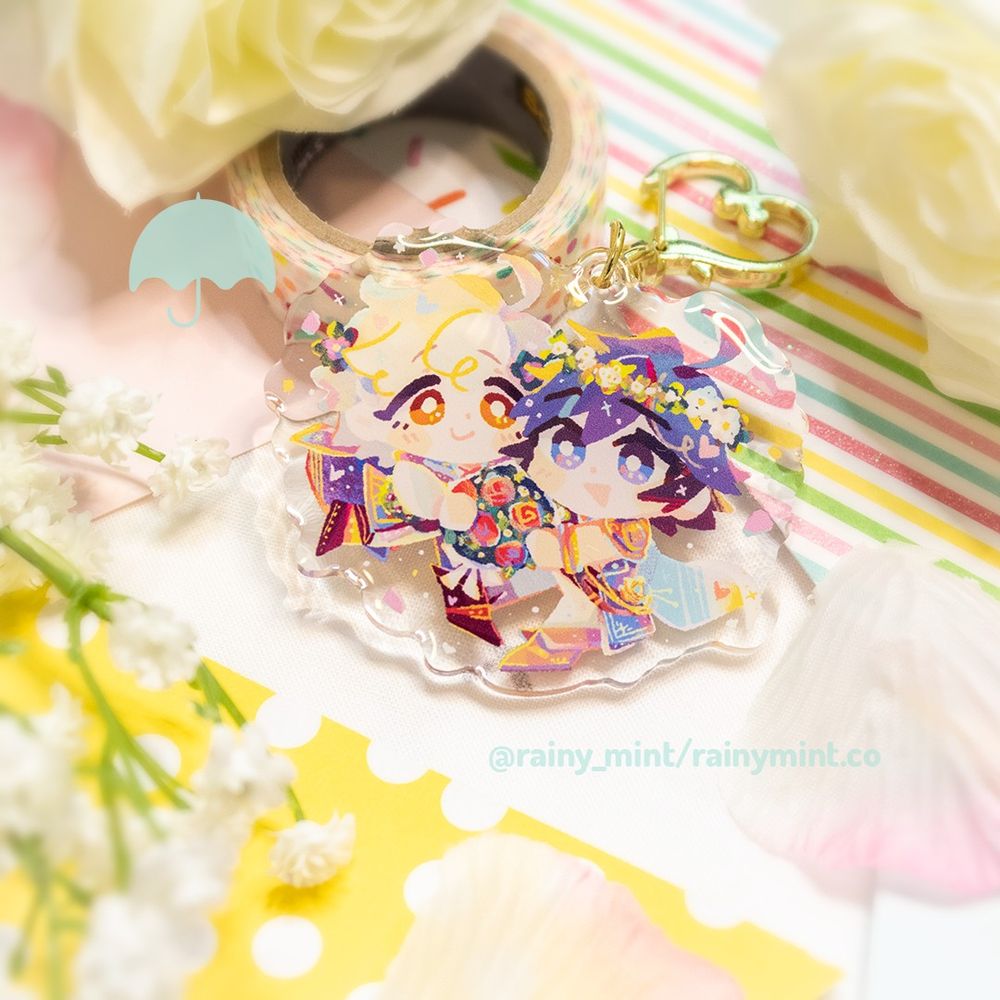 Chrom and Male Robin from Fire Emblem: Awakening in Valentine's Day themed outfits, holding a bouquet of flowers together.