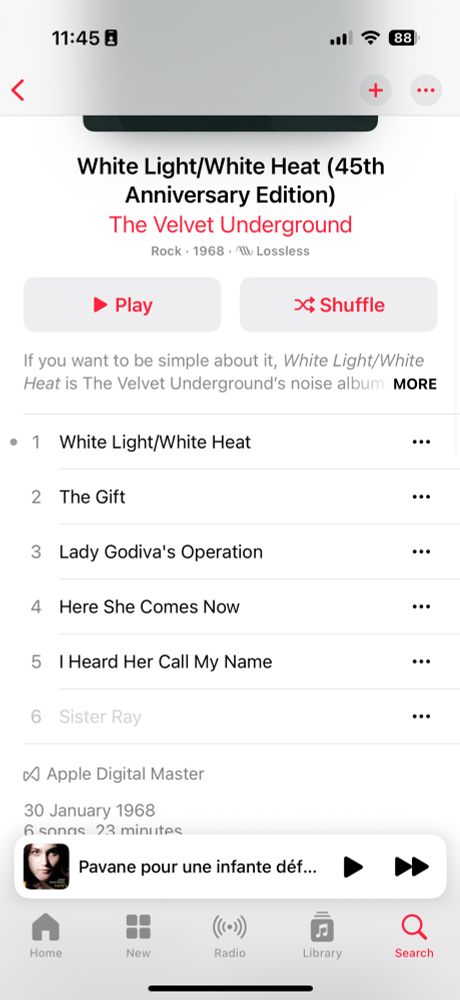The tracklist of the Velvet Underground’s White Light/White Heat on Apple Music, showing that the pivotal final track Sister Ray is greyed out and not available.