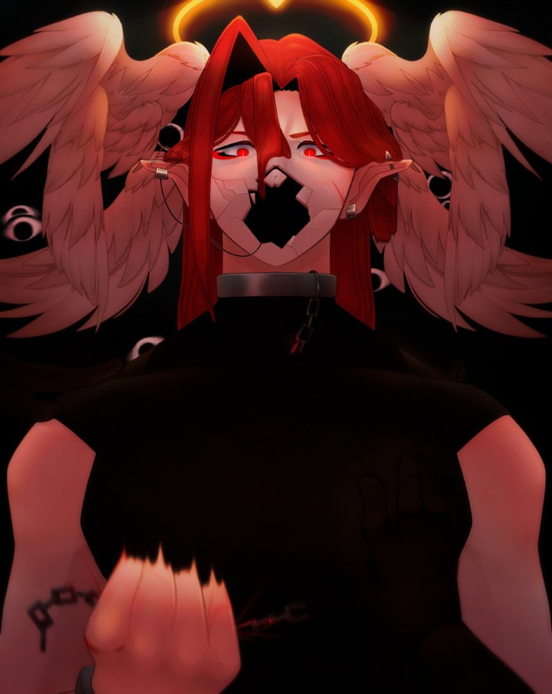 Desenho homem ruivo alto dos olhos vermelhos com uma blusa regata de gola alta que se encontra com uma "coleira" de metal onde pode se ver uma corrente em movimento com respingos de sangue que também podem ser encontradas na mão esquerda que segura parte do resto da corrente quebrada do pescoço, 3 pares de asas podem ser vistas pelos lados da cabeça e uma aréola de anjo dando a iluminação amarelada meio alaranjada do desenho escuro, 2 mãos podem ser vistas: uma no peitoral direito e a outra no ombro esquerdo, vários olhos também podem ser vistos por de trás do personagem. Estilo anime feito pela Bunny_owo21 