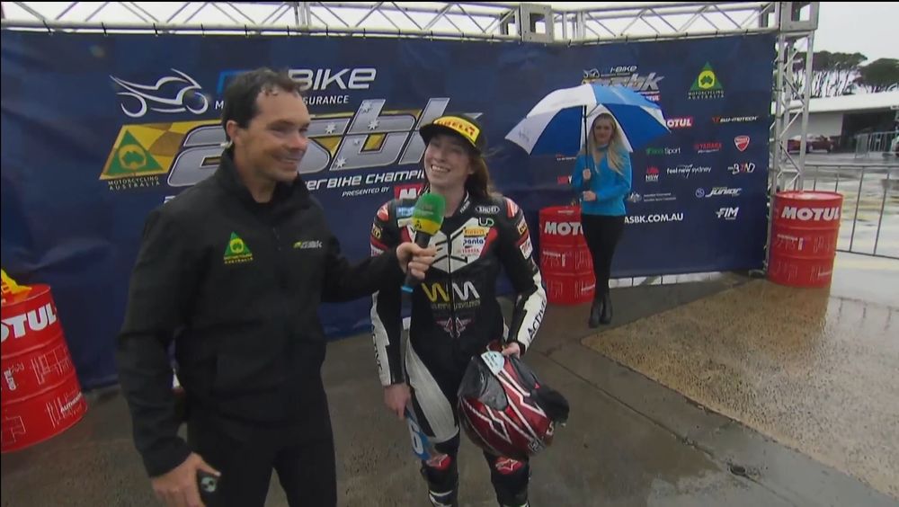 Tara Morrison #95 being interviewed by Chris Vermeulen after finishing 3rd in Race 1.