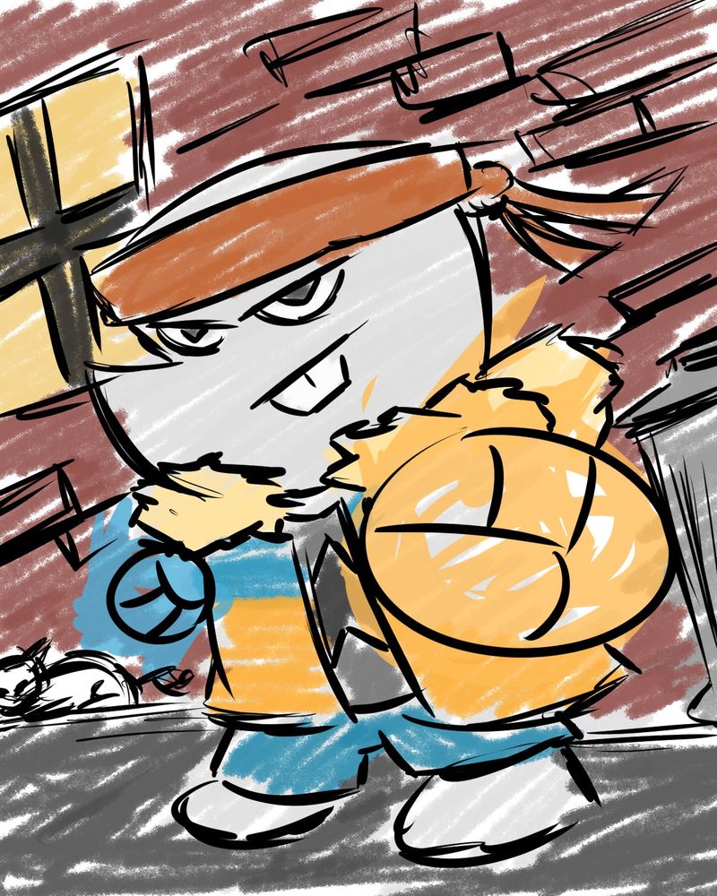 Marshmallow character getting ready for a fight in a back alley. Fists are covered in orange and blue flames. 