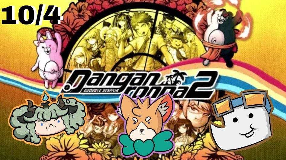 My thumbnail for my playthrough of danganronpa 2!!! With me is my buddy thomas and corgi (from left to middle) :)