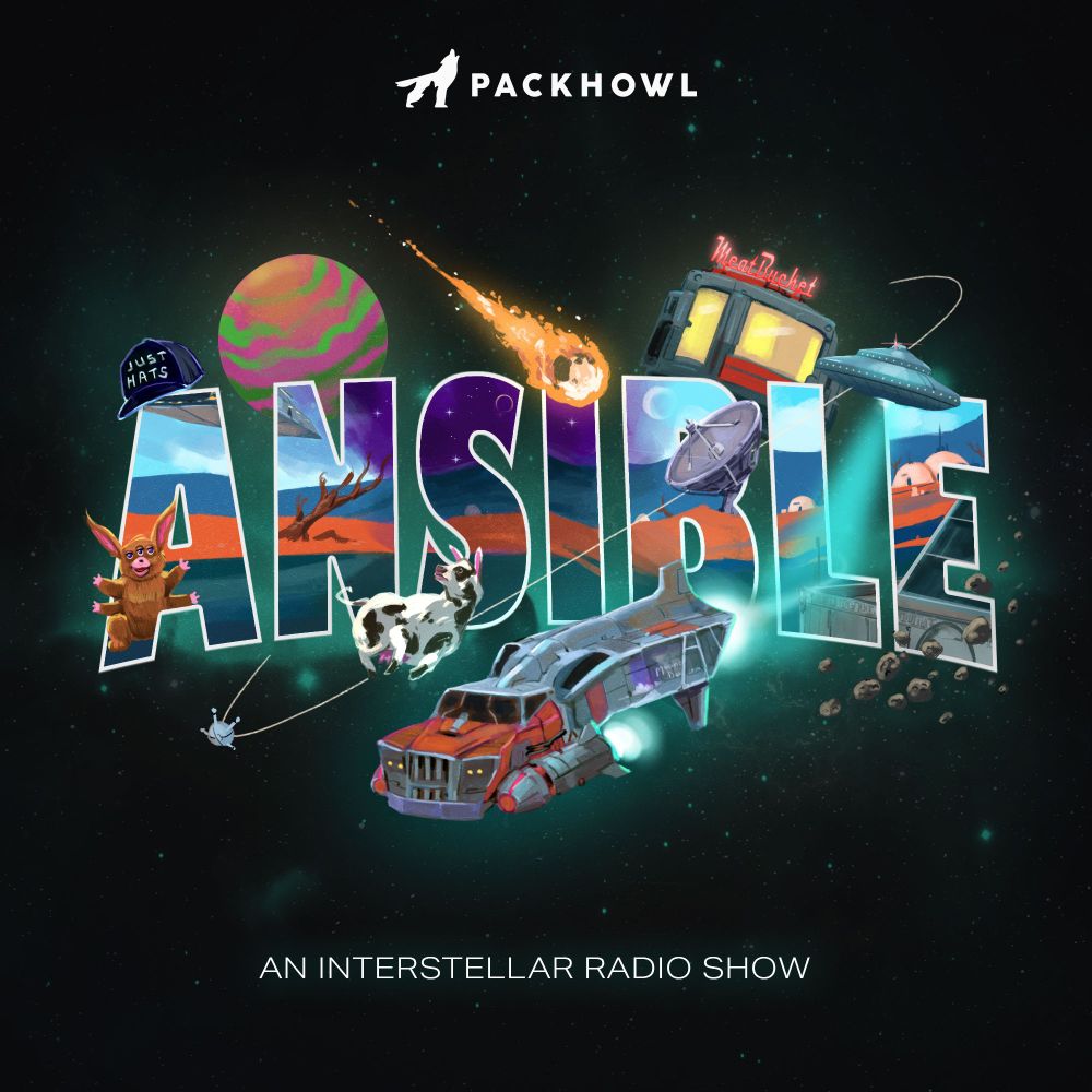 The word "Ansible" with several retro space elements exploding from it, including a hybrid rocket ship and semi truck, a cow with rabbit ears, a retro fast food restaurant called "The Meat Bucket", a radio antennae,  a meteor, an alien spaceship, a hat with the words "just hats", and a Gremlin-like four armed creature. 