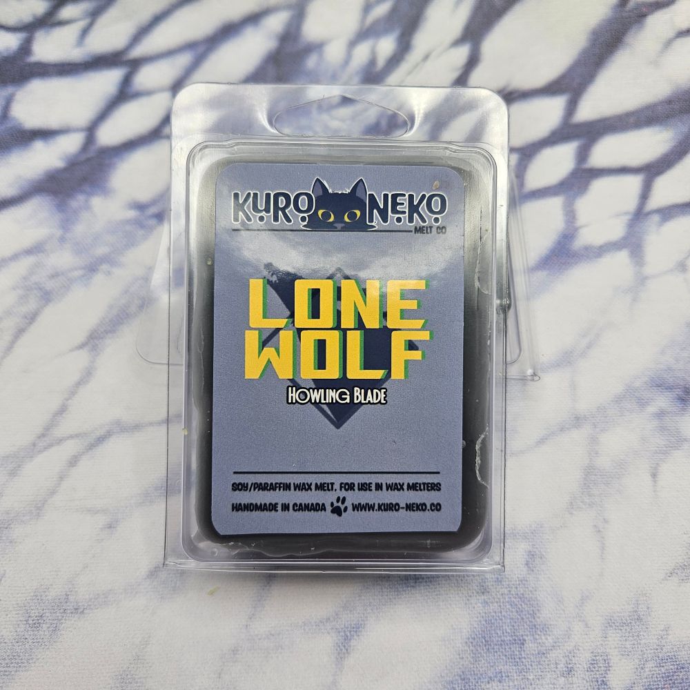 A set of wax melts in a clamshell on a blue and white tie dye background. The pictured scent is Lone Wolf: Howling Blade.

Scent notes of pink pepper, elemi, bergamot, grapefruit, cinnamon, saffron, paprika, suede, tobacco and vetiver.