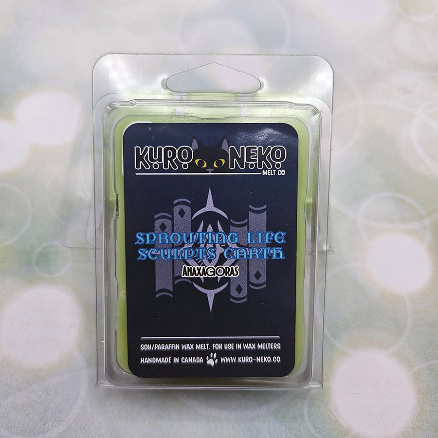 A set of wax melts in a clamshell on a light green and white spotted background. The pictured scent is Sprouting Life Sculpts Earth: Anaxagoras.

Scent notes of warm cardamom, citrus zest. vetiver, white cedar, herbal green note, white amber, soft musk and sandalwood.