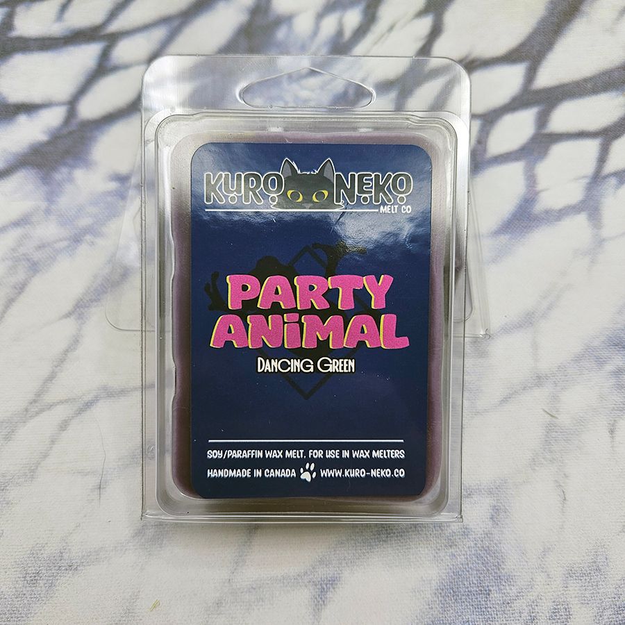 A set of wax melts in a clamshell on a blue and white tie dye background. The pictured scent is Party Animal: Dancing Green.

Scent notes of melon, blackberry, violet leaf, mandarin, lavender, nectarine, lily of the valley, jasmine, honey, oak and musk.