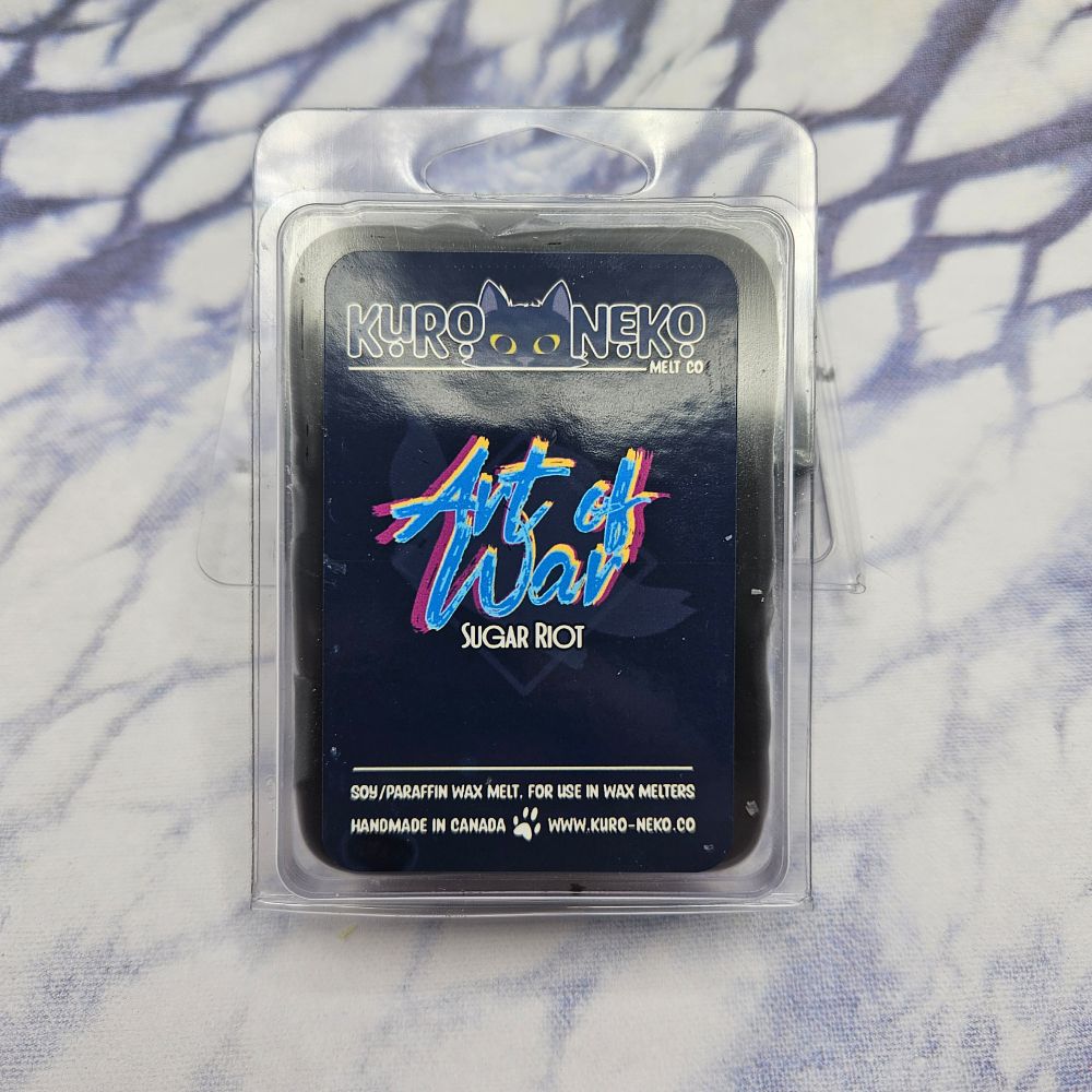 A set of wax melts in a clamshell on a blue and white tie dye background. The pictured scent is Art of War: Sugar Riot.

Scent notes of pomegranate, lemon, black currant, strawberry, lime, dragonfruit, passionfruit, brown sugar and vanilla.