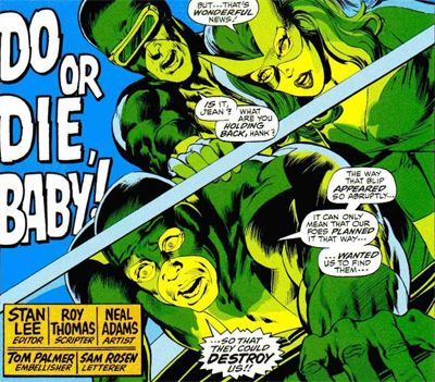 Dynamically drawn and colored X-Men #59 title page for “Do Or Die, Baby!”, with art by Neal Adams and Tom Palmer, featuring Scott Summers, Jean Grey, and Hank McCoy.