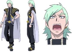 Profile of Westar from Fresh Precure, a teal haired man wearing a black and yellow outfit with a white cape and a yellow Diamond shaped belt buckle
