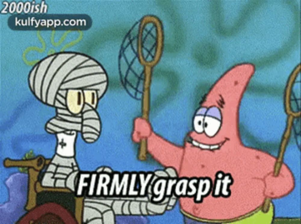 squidward and patrick from spongebob squarepants are holding fishing nets and the caption firmly grasp it