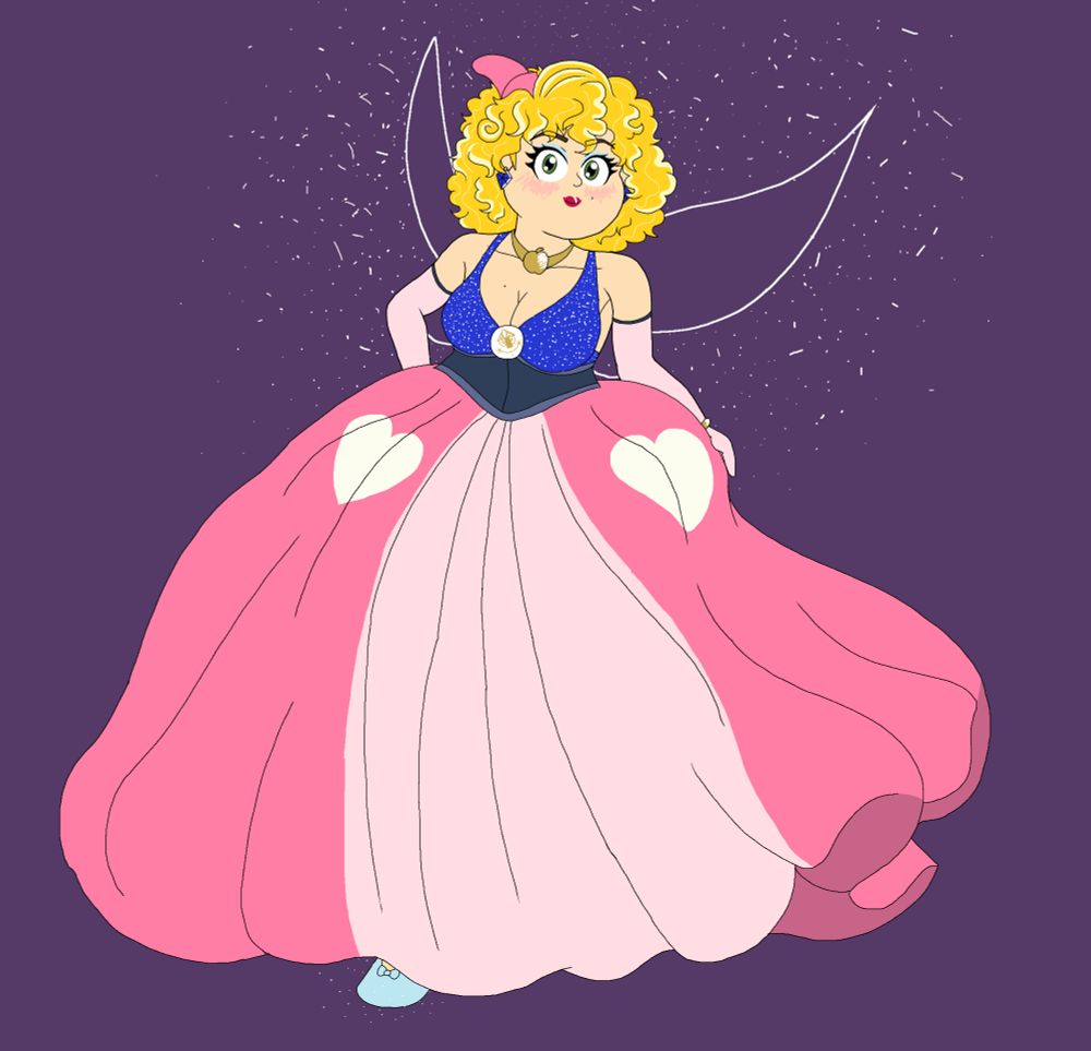 A gijinka of the Fantasyland area of Disneyland and other "Magic Kingdom-styled" Disney Parks. She has blonde pin-curls, transparent fairy wings with a white outline, pale skin, and a short and curvy figure. She has beauty marks on her left cheek and the right side of her chest. She is wearing a poofy ball gown with a low-cut blue top covered in sparkles, pink skirt with white hearts, and a gray corset. She is also wearing a small pink hat similar to vehicles of Disney's "Dumbo the Flying Elephant" attraction, glass slippers similar to Cinderella, a pendant on the top of her dress that resembles the clock tower from "It's a Small World", pastel pink gloves, blue diamond earrings, and a gold necklace with a pendant in the shape of an apple. She is looking at the viewer with a closed friendly smile.