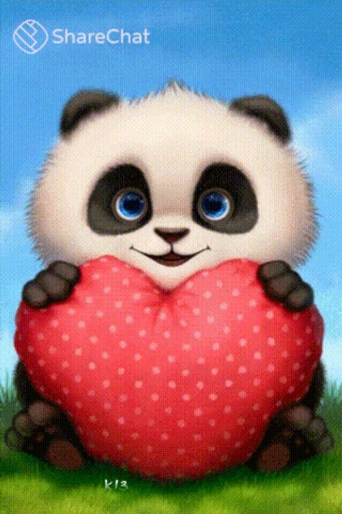 a panda bear is holding a red heart pillow in its paws .