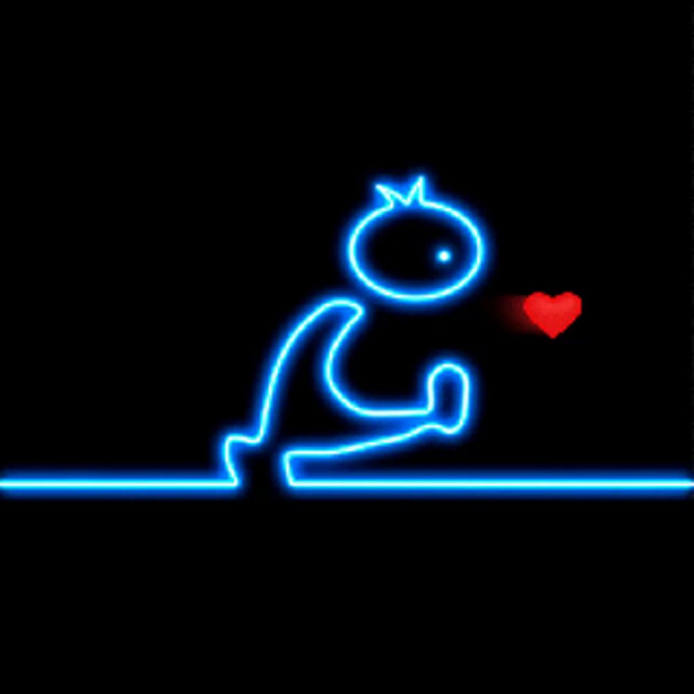 a neon drawing of a person kneeling down with a red heart in front of him