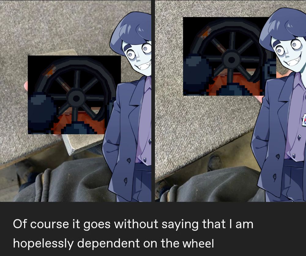 A Tumblr post, edited to show a Landkeeper admiring the wheel from Cassette Beasts. Text reads "of course it goes without saying that I am hopelessly dependent on the wheel"