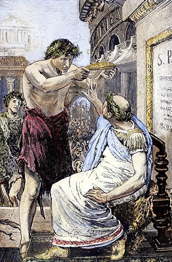 Painting of Julius Caesar refusing a symbolic crown, Feb 15, 44 B.C. 

Caesar repeatedly refused the notion that he was a king, for Romans didn't like kings, despite the fact that Caesar basically became Rome's first emperor. Caesar's reign also ushered in a lot of political violence into Roman politics. 

Posted in comparison to Trump, who also loves to dance around the whole "King" thing and has had an issue with political violence being on the rise.