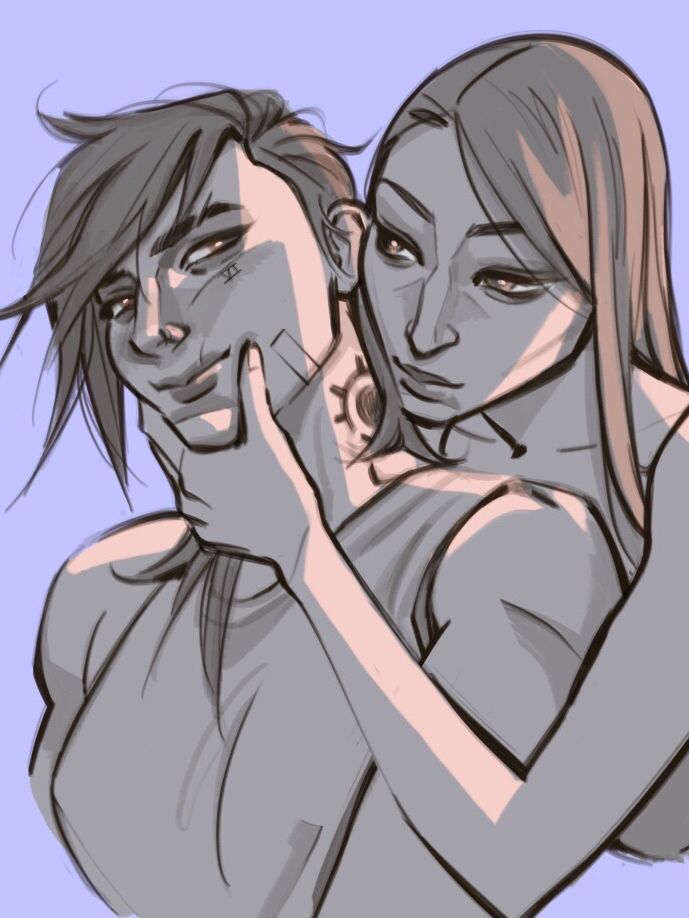 a lilac purple background, with a warm-toned sketch over top. It’s a chest-up digital drawing of Arcane characters Caitlyn and Vi. Cait is leaning over Vi’s left shoulder and holding her chin to the side with her left hand, while Vi looks sideways at Cait with a silly smirk on her face. Caitlyn is smiling softly and making intense eye contact. 