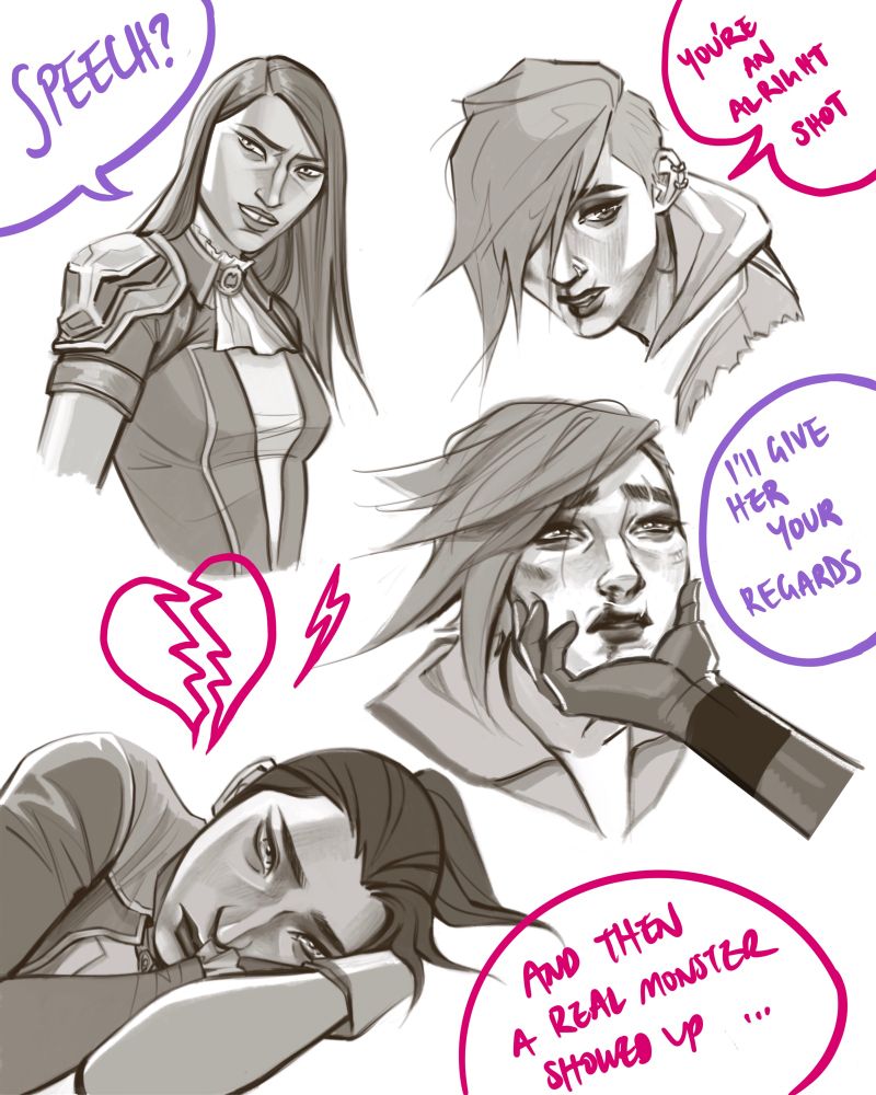a white background with detailed digital sketches over top. They are character drawings of Caitlyn and Vi from the show Arcane. There are two expression drawings of Cait and Vi each, and they’re pertinent moments from season one: Cait saying ”speech?” with an incredulous expression, from the “progress day” episode; Vi saying “you’re an alright shot” looking worn down and bloody from the fifth episode; Vi looking up at Sevika saying “I’ll give her your regards” while holding onto her jaw; and finally Cait laying down on her bed with a very intently listening expression. 