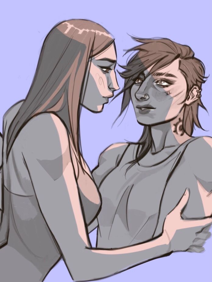 same coloured background, same warm-toned sketches of Cait and Vi, but this time Cait is leaning over Vi and holding onto her shoulder and making eye contact. Vi is looking up at her with a dopey smile on her face. 
