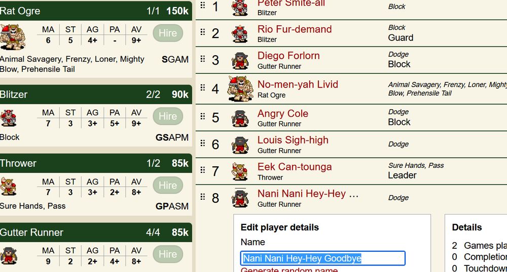 FUMBBL skaven roster sheet with Manchester United naming scheme and a gutter runner called "Nani Nani Hey-Hey Goodbye"