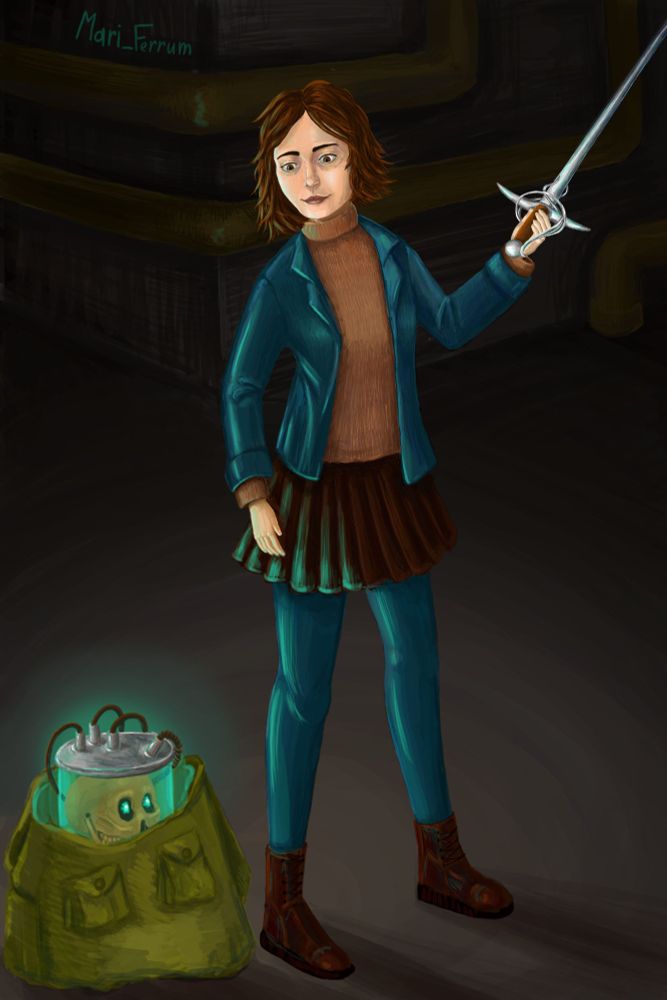 Lucy Carlyle and the Skull from the books of Jonathan Stroud. Lucy holds a rapier  in his hand, looking at the standing next to the backpack in which is a jar with the Skull.