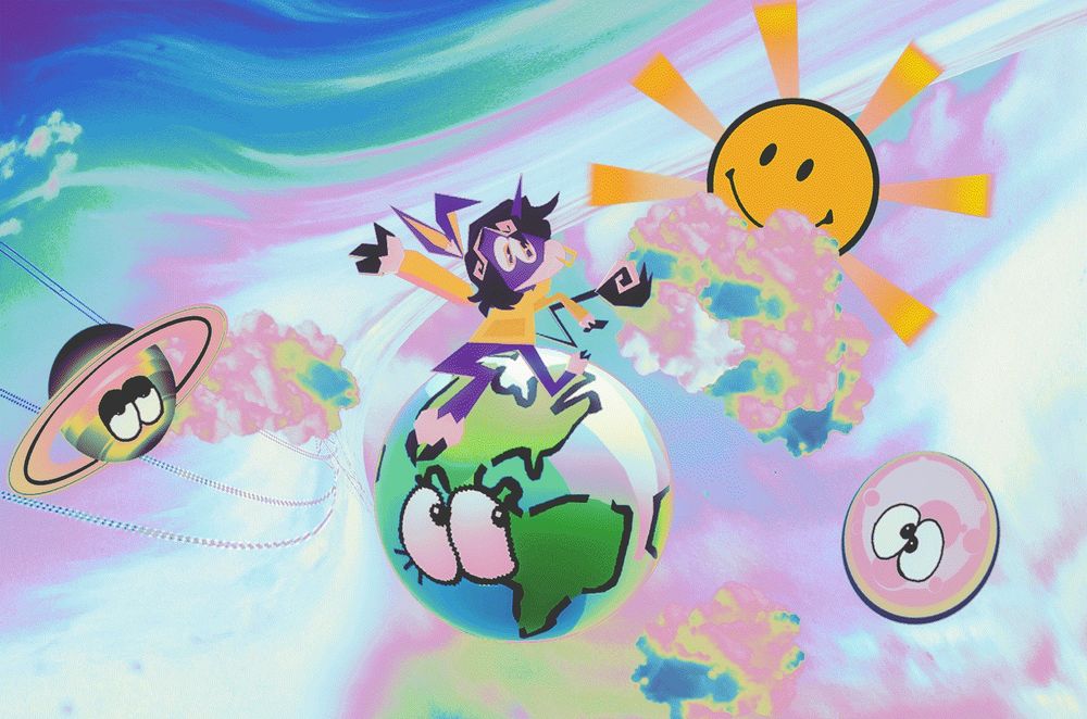 Fractals on a little Earth with eyes, waving to the sun and other planets.