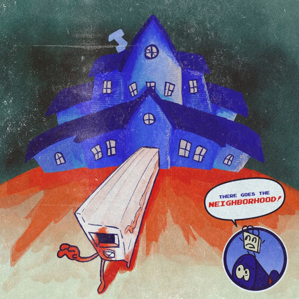Long faceless GPS extending out of the front of the Nightly Manor, with blood all over him. In the corner, Top Hat and Sketchpad watch, Sketchpad says "There goes the neighborhood!"
