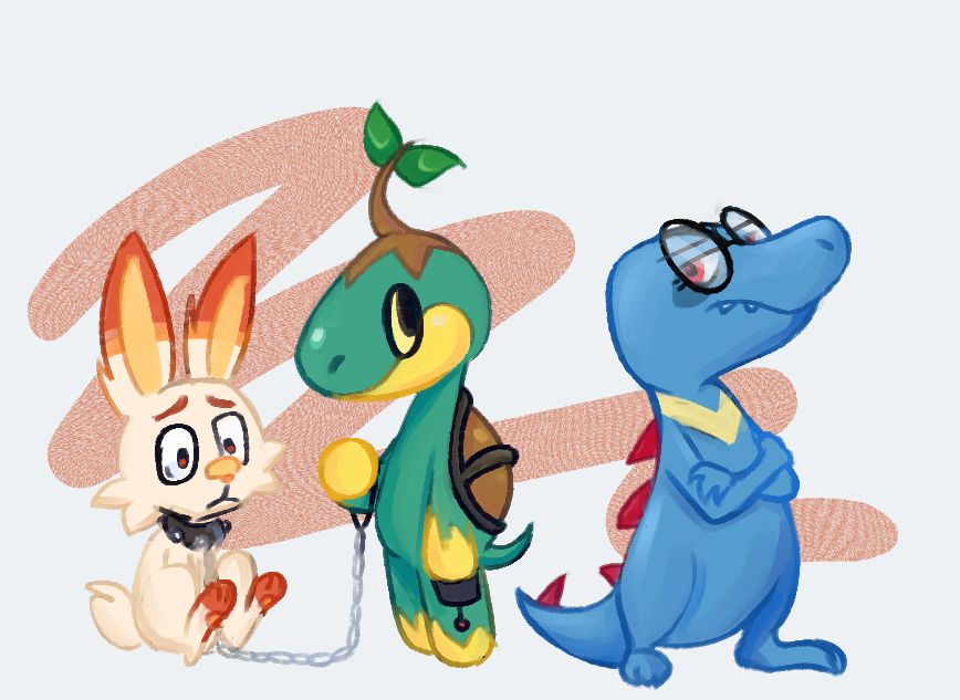 Scorbunny sitting and wearing a leash held by Turtwig. Standing next to them is Totodile with glasses.