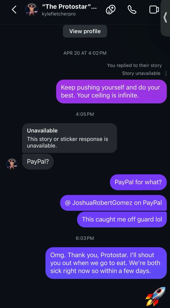 Fletcher messaging me asking for my PayPal and it caught me off guard lol