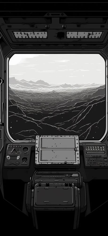 Retro spacecraft interior, horizontal rectangular window into deep space, wide angle, monochrome, pixel art 16 - bit --ar 90:195