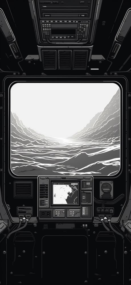 Retro spacecraft interior, horizontal rectangular window into deep space, wide angle, monochrome, pixel art 16 - bit --ar 90:195