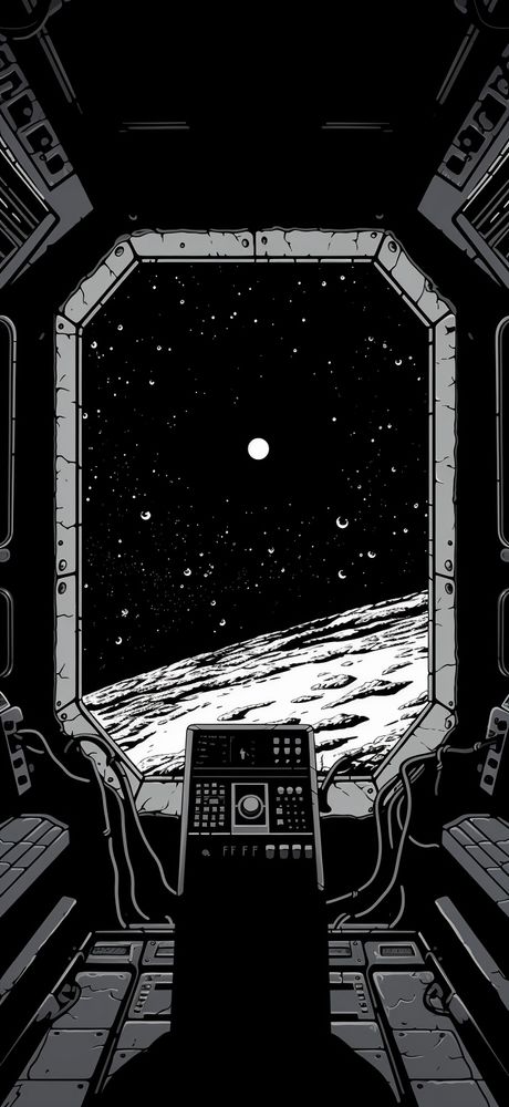 Retro spacecraft interior, horizontal rectangular window into deep space, wide angle, monochrome, pixel art 16 - bit --ar 90:195