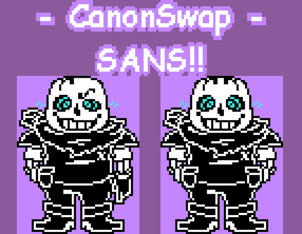 Two sprites of Canon UnderSwap Sans, featuring a purple and pink colour scheme, with the Sans sprites being coloured black and white, with cyan used on the eyes.