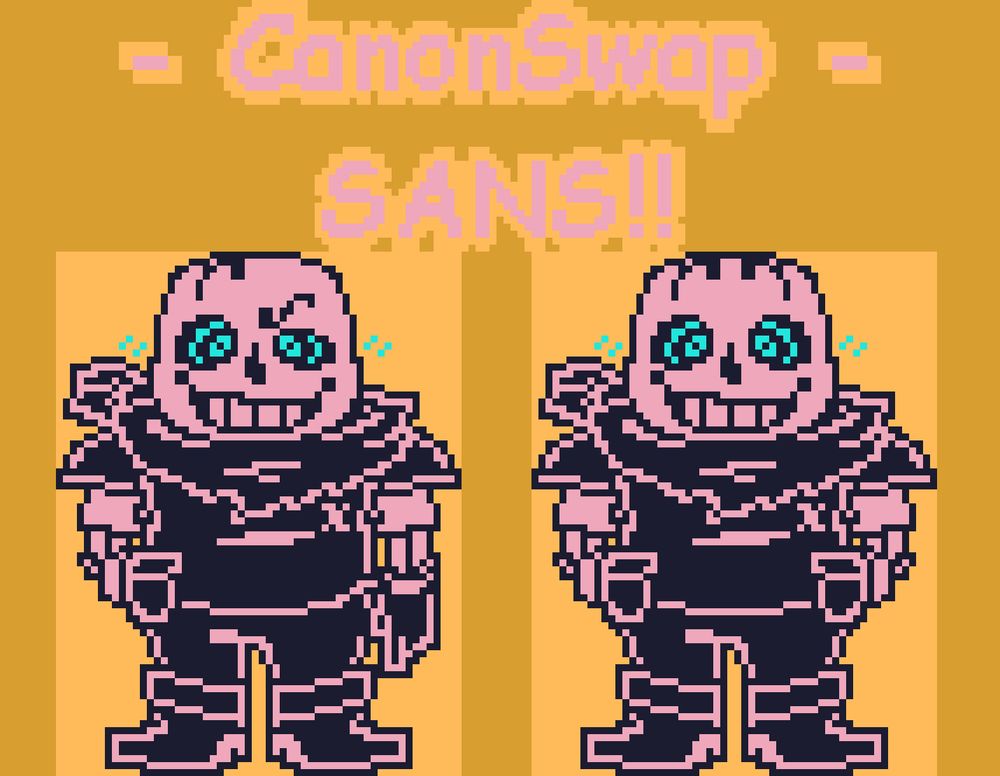Two sprites of Canon UnderSwap Sans, featuring a yellowed orange colour scheme, with the Sans sprites being coloured pink and a dark purple, with cyan used on the eyes.