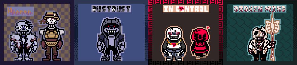 4 AU squares designated for the 4 AUs associated with MurderMurder Time Trio/Murder Time Trio 2x.

From left to right those AUs are:
Canon HorrorHorror
Canon DustDust/Monster DustDust
Canon KillerKiller/In Control
Canon InsanityInsanity/Broken Mind