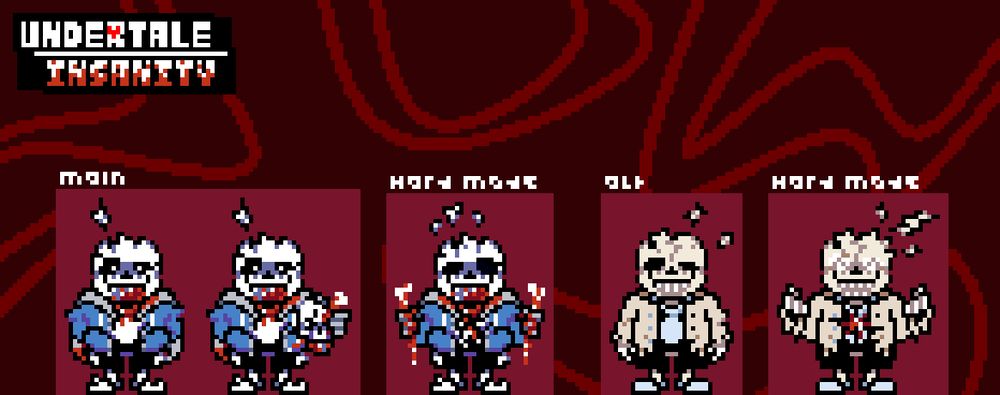 A small sprite compilation featuring Main Canon Insanity, both not holding, and holding Insanity's head, slightly above the two versions is a logo for Undertale : Insanity
Beside the main canon sprites is the hard mode design for main canon.
With a slightly larger gap, the next sprite is Insanity's canon alternate design, and beside him again, is alt insanity's hard mode design.

All designs by UTF, with the AU and design inspiration being created by ZeroDanteero