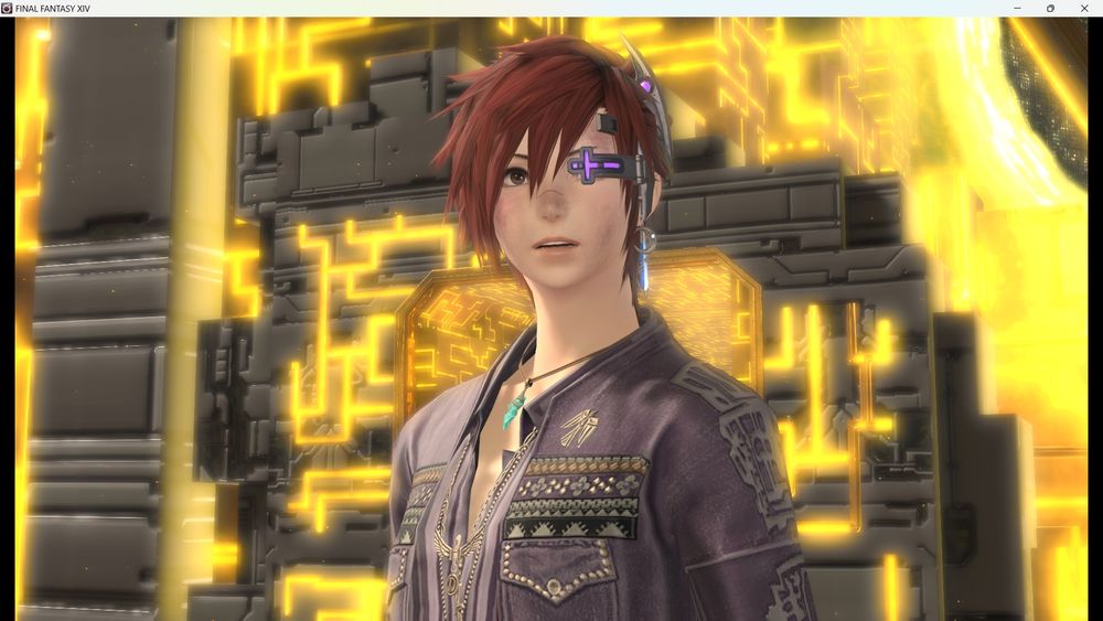 The same character, this time standing upright in front of a golden glowing monument. Her facial expression is that of surprise.